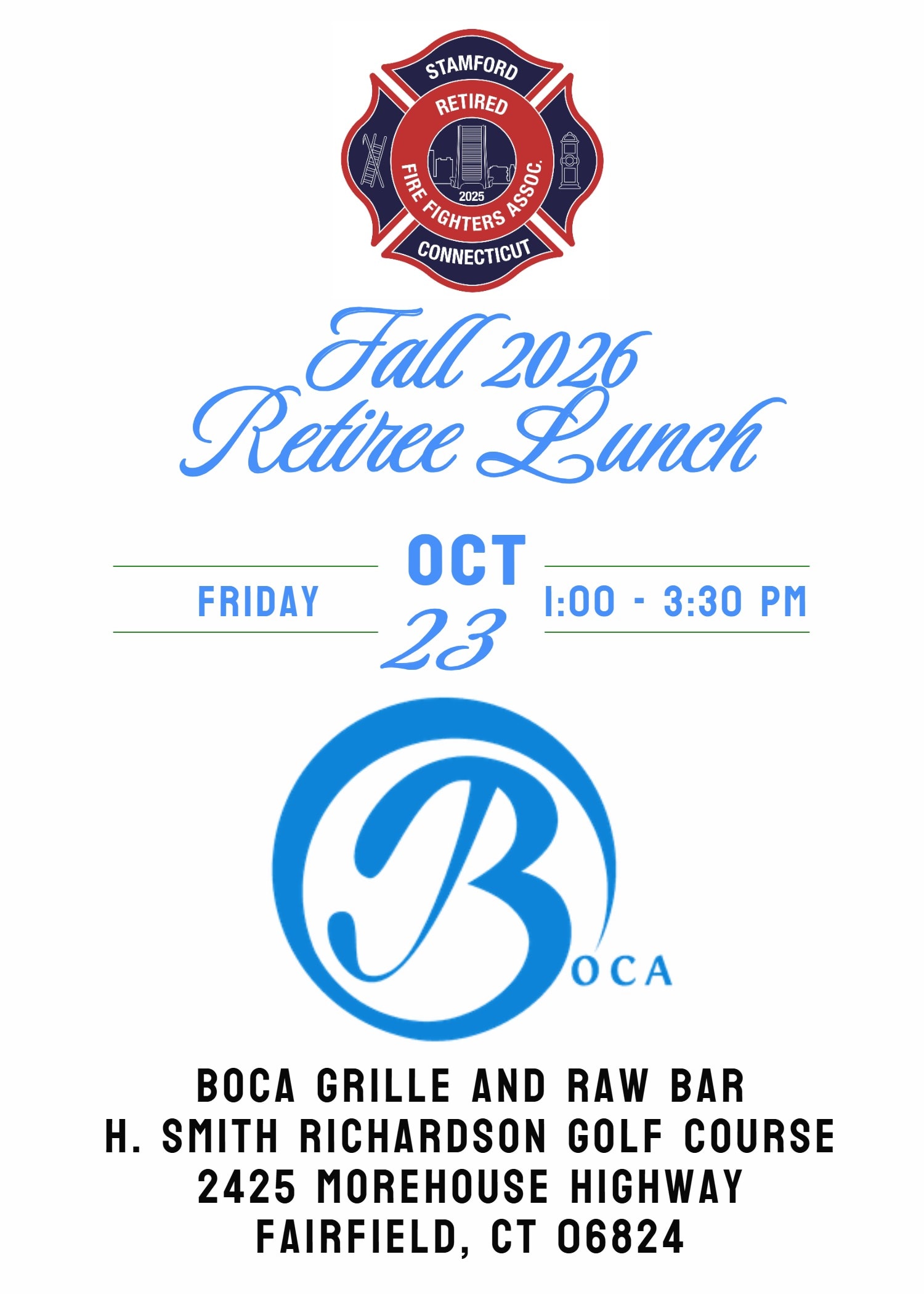 Fall 2026 Retiree Lunch flyer — Boca Grille, Fairfield CT, October 23
