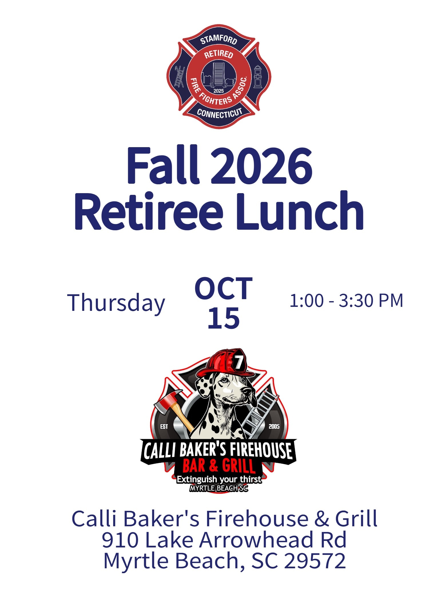 Fall 2026 Retiree Lunch flyer — Calli Baker's Firehouse, Myrtle Beach SC, October 15